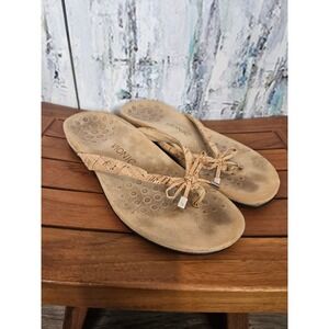 Vionic Bella II Tan Cork Gold Metallic Bow Orthotic Flip Flop Sandals Womens 9